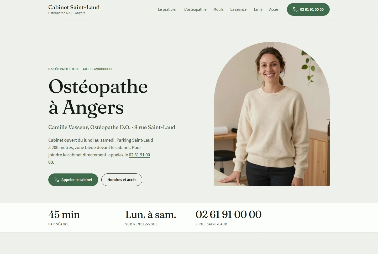 Le haut de page du site d'exemple d'un cabinet d'ostéopathie à Angers