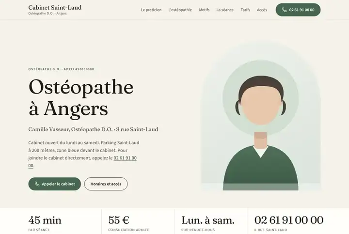 Exemple de site généré pour un cabinet d'ostéopathie, direction Éditoriale